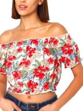 Boho Off-Shoulder Red Floral Peasant Crop Top Cotton Women's